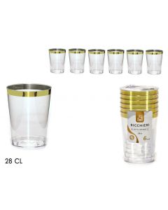 SET 6PZ BICCHIERI TRASPARENTI CON BORDO ORO RIUTILIZZABILI 28CL