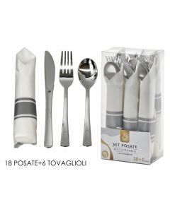 SET 18 POSATE + 6 TOVAGLIOLI ARGENTO RIUTILIZZABILE