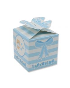 SCATOLINE CUBETTO FIOCCO BATTESIMO TEDDY CELESTE 5x7x5cm PZ.25