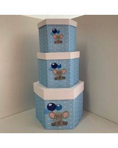 SET SCATOLE ESAGONALI POIS ELEFANTINO CELESTE PZ.3