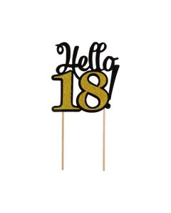 CAKE TOPPER HELLO 18 NERO E ORO GLITTER