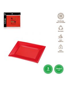 VASSOIO RETTANGOLARE ROSSO RIUTILIZZABILE 3PZ