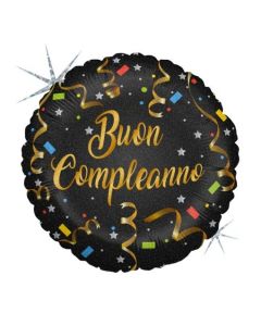 PALLONCINO MYLAR BUON COMPLEANNO NERO GLITTER