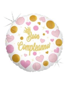 PALLONCINO MYLAR BUON COMPLEANNO CUORI E POIS ROSA