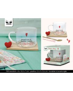 TAZZA IN VETRO TI VOGLIO BENE MAMMA CON PIATTINO IN LEGNO E CUCCHIAINO ST7771