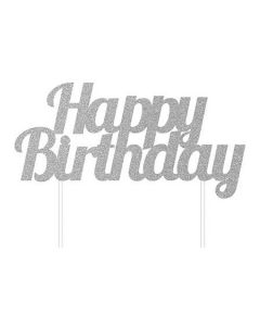 CAKE TOPPER HAPPY BIRTHDAY ARGENTO GLITTER