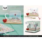 TAZZA IN VETRO TI VOGLIO BENE MAMMA CON PIATTINO IN LEGNO E CUCCHIAINO ST7771
